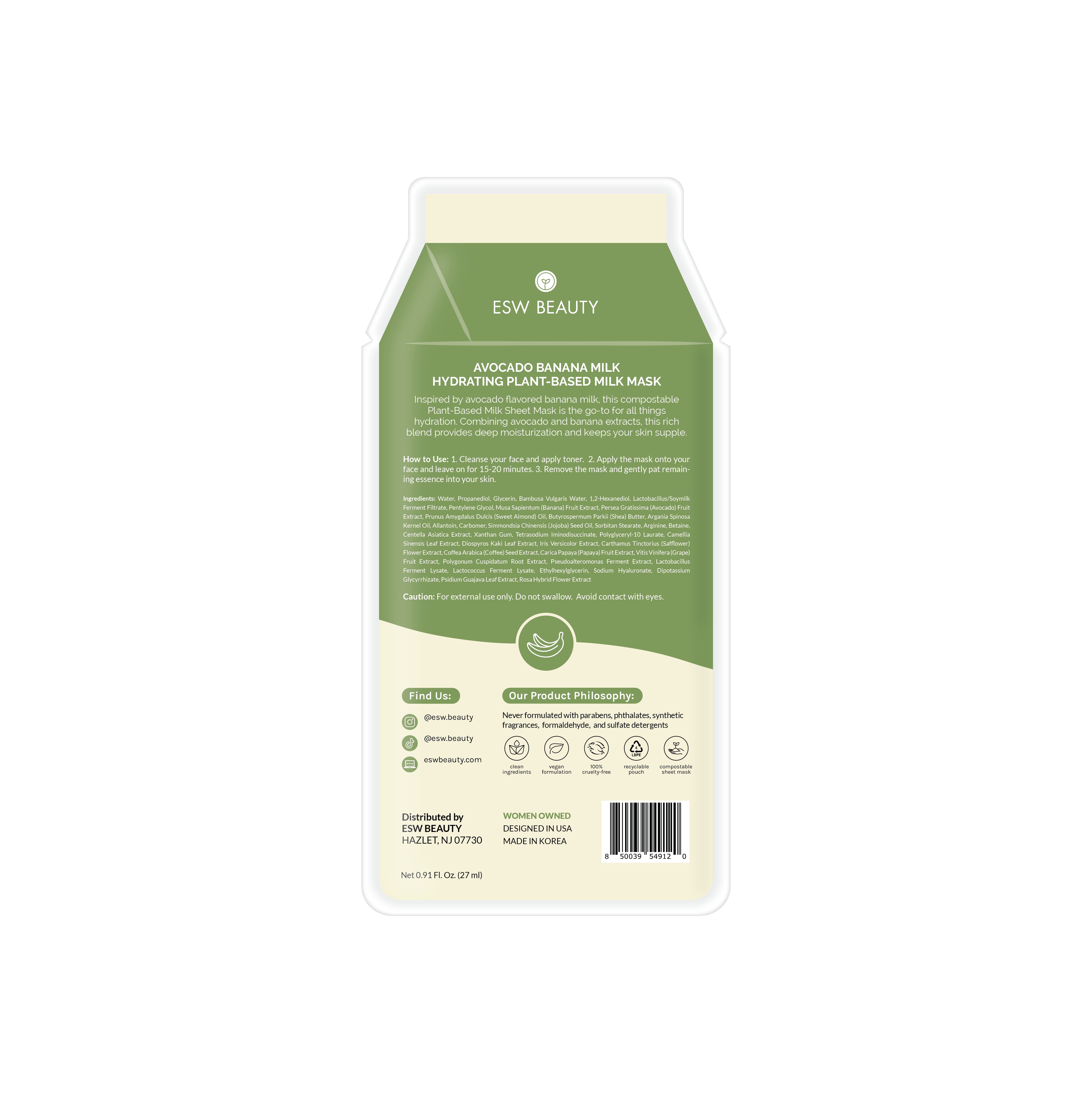 ESW Beauty Avocado Banana Milk Hydrating Plant-Based Milk Sheet Mask