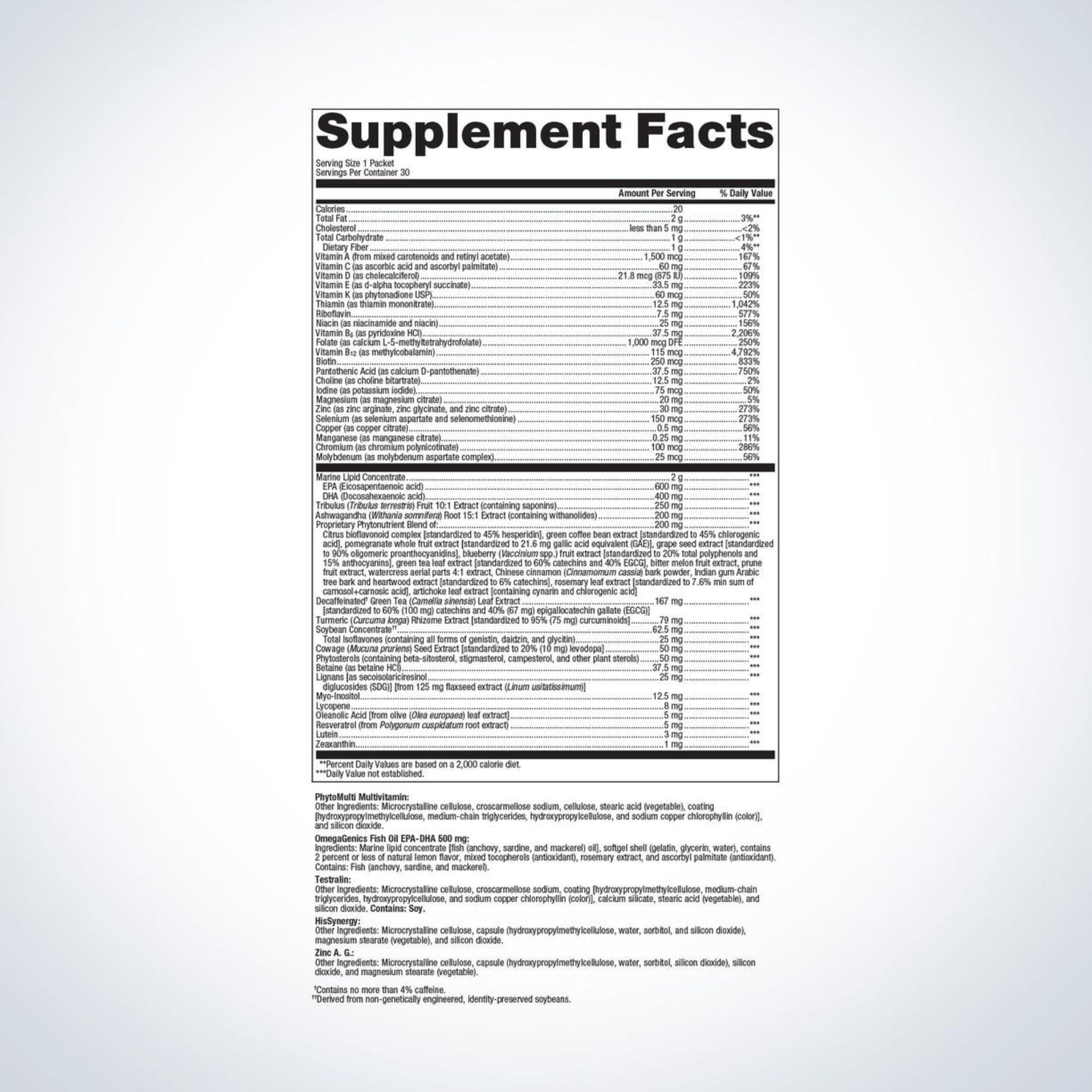 Supplement facts panel for Metagenics Men’s Vitality Daily Packs
