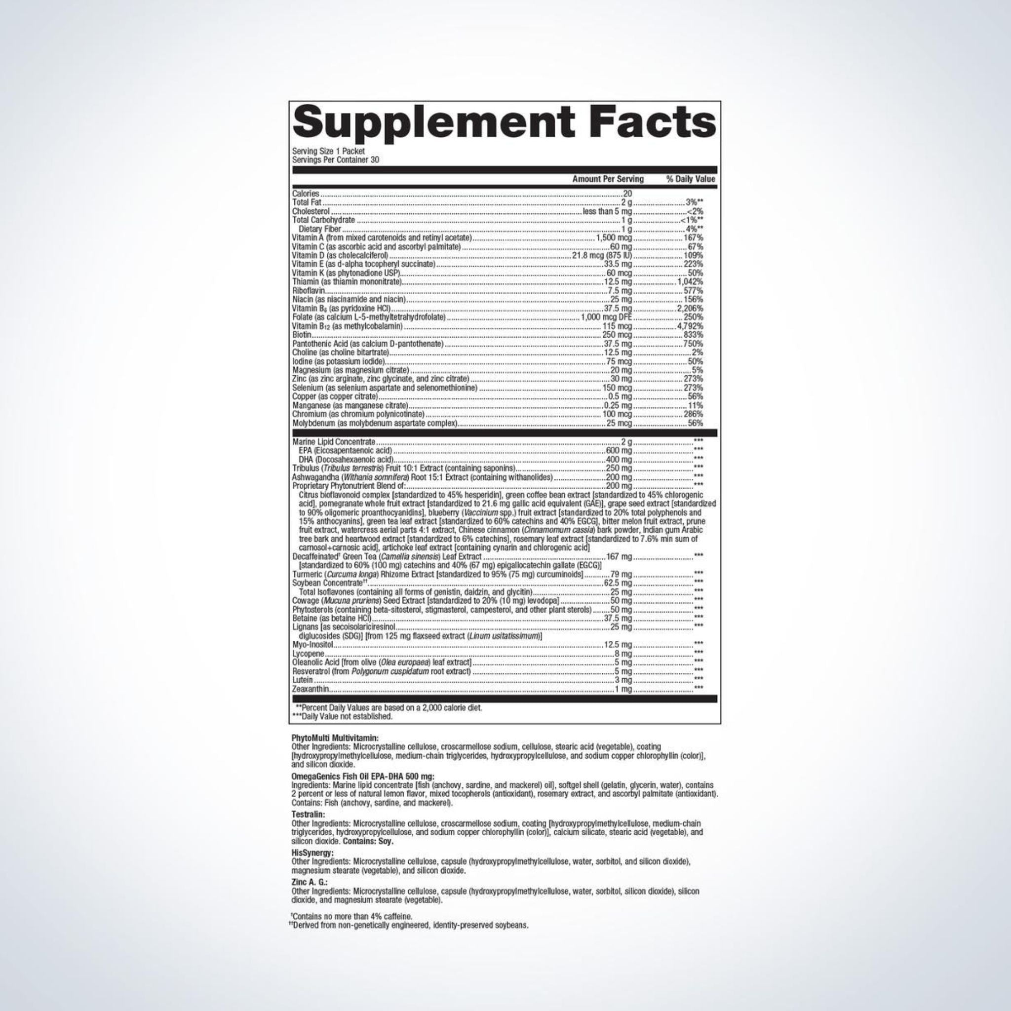 Supplement facts panel for Metagenics Men’s Vitality Daily Packs