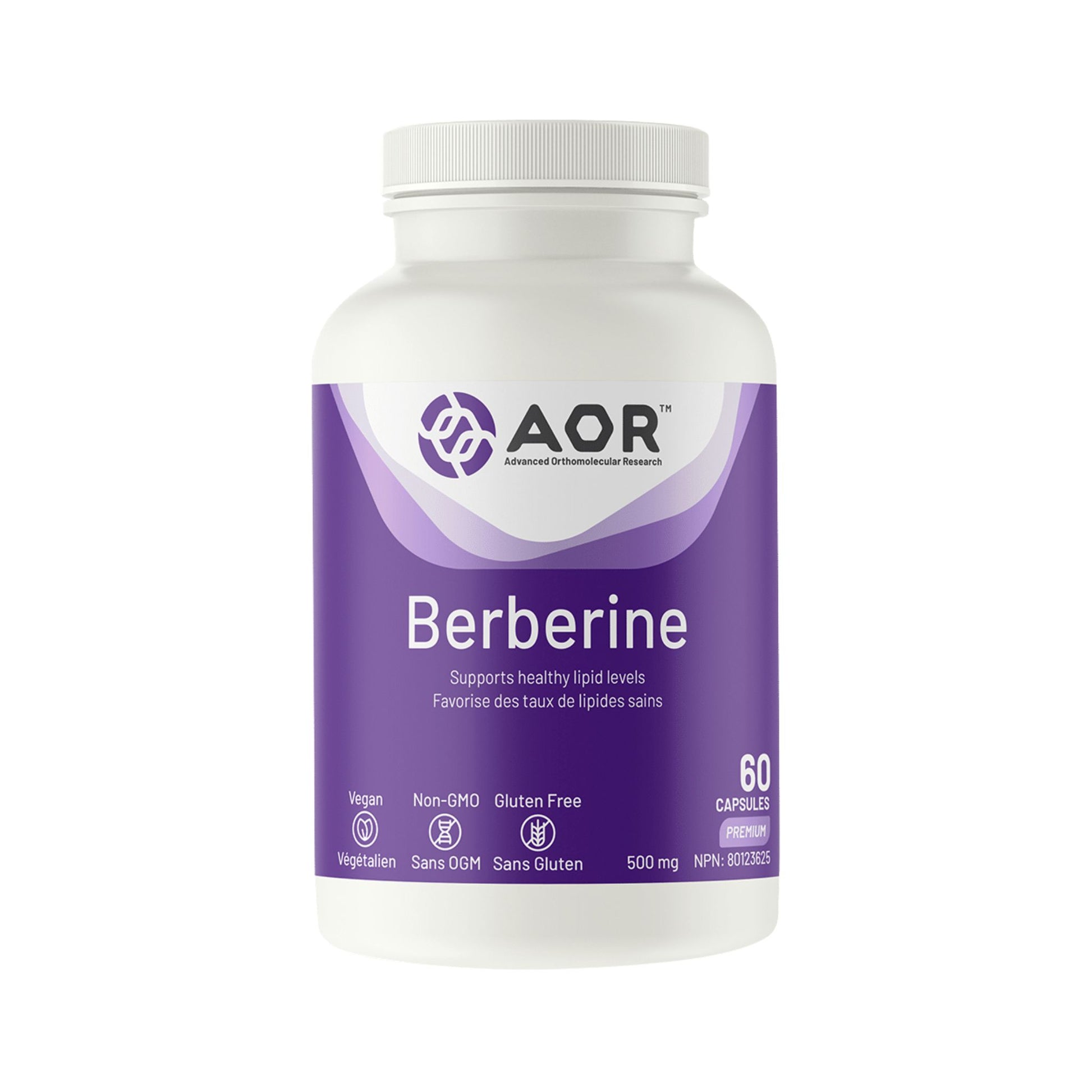 Front label of AOR Berberine 60 Capsules bottle