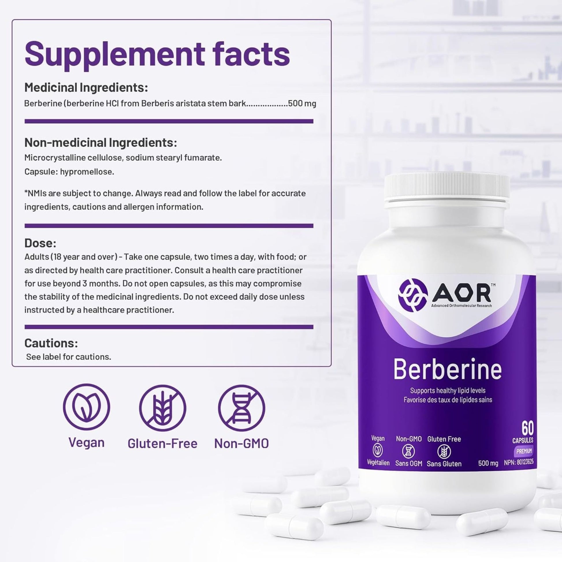 Supplement facts panel of AOR Berberine 500 mg capsules