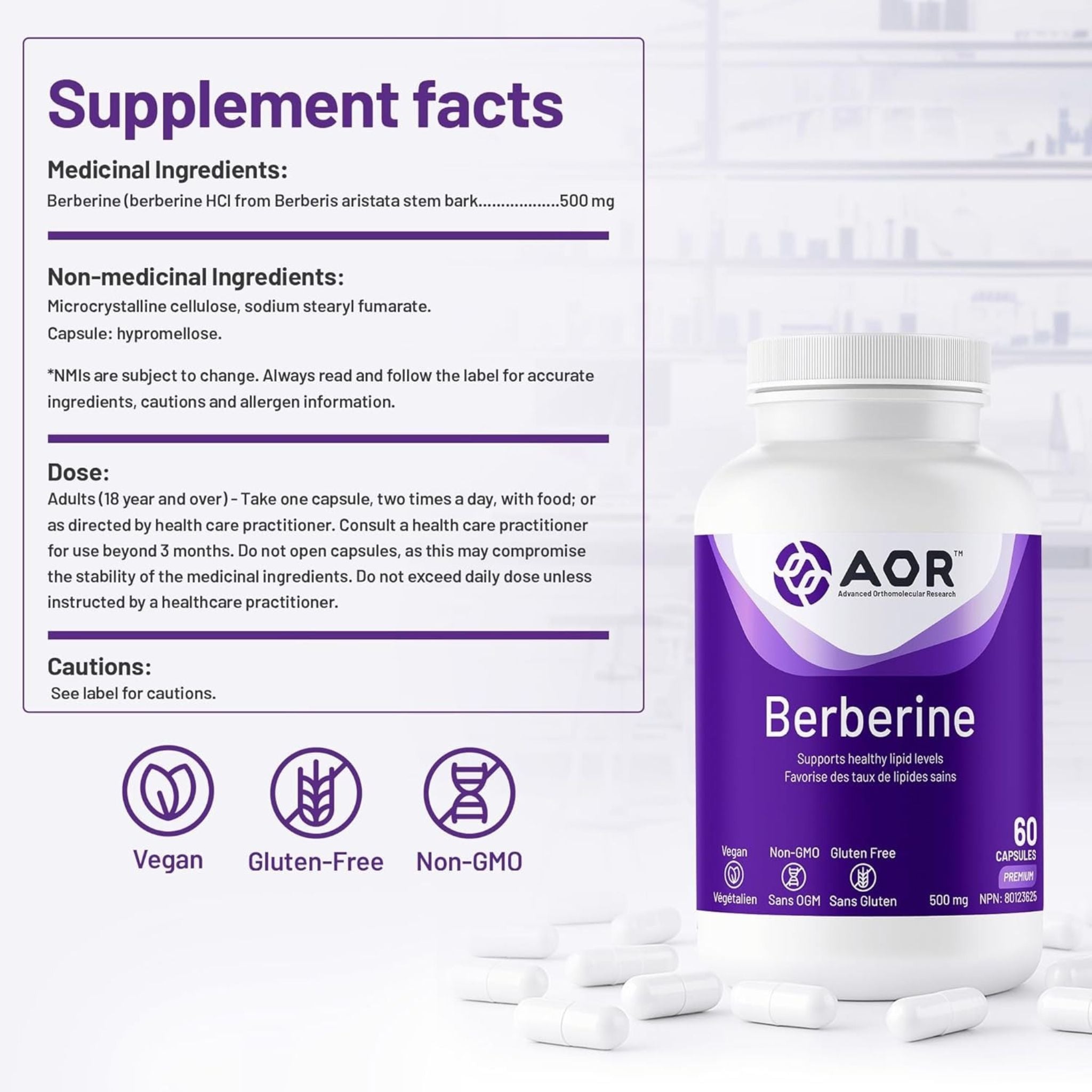 Supplement facts panel of AOR Berberine 500 mg capsules