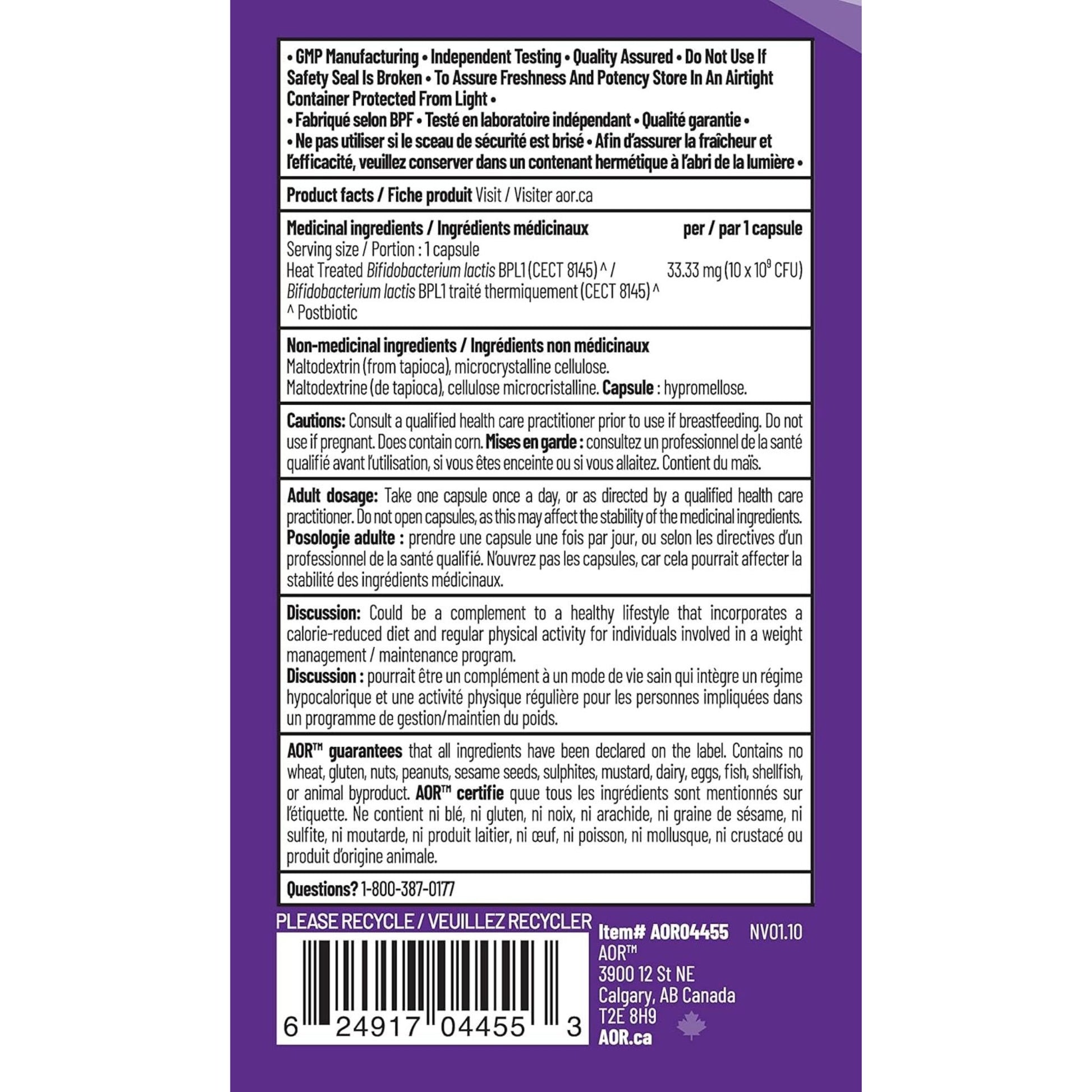 Back label of AOR Postbiotic Boost showing supplement facts