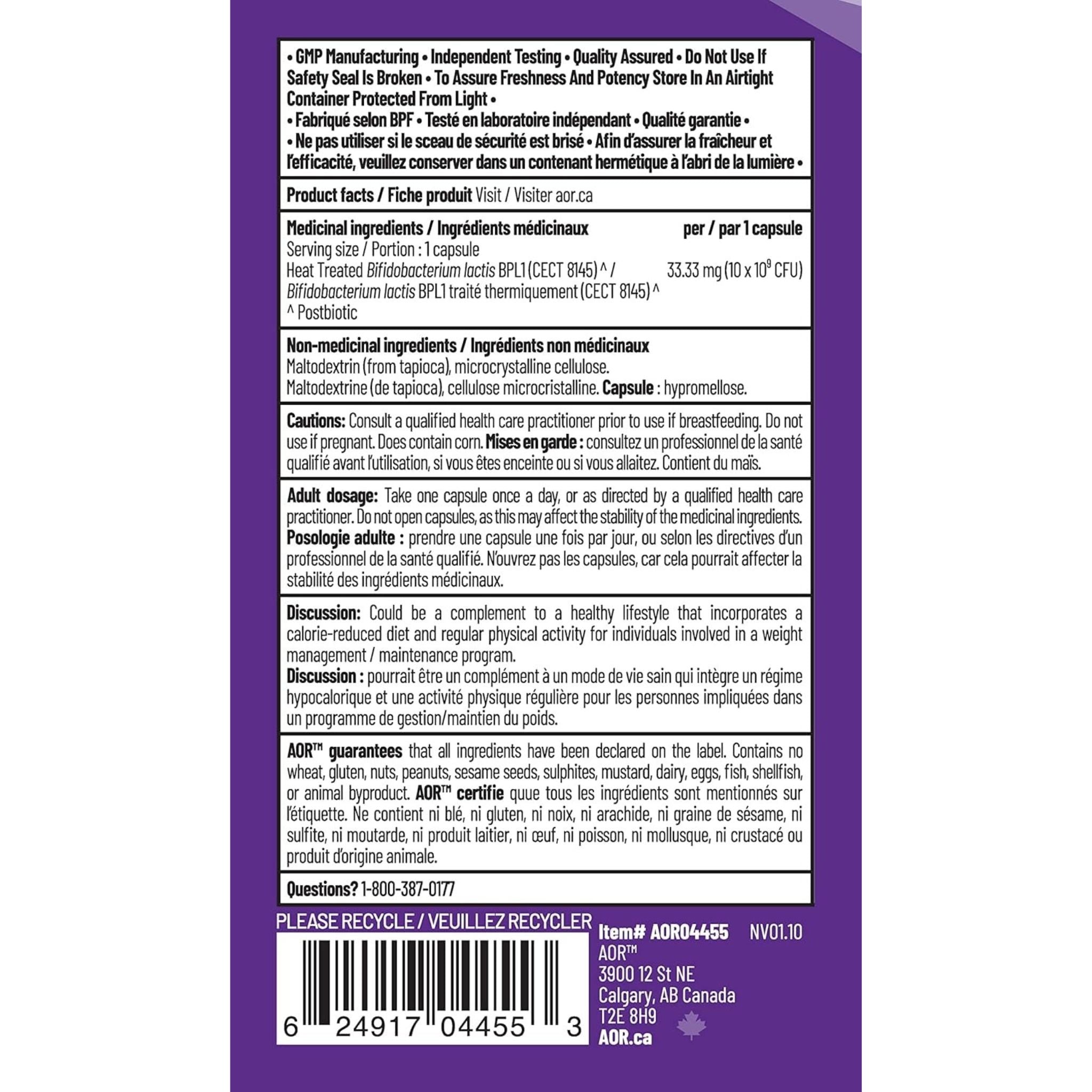 Back label of AOR Postbiotic Boost showing supplement facts