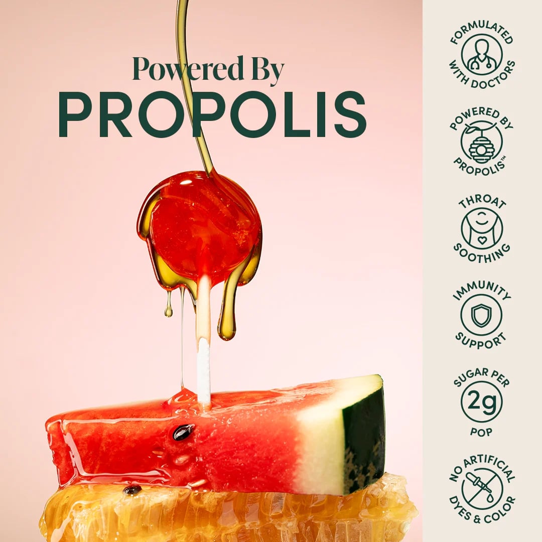 Product packaging with propolis being dripped onto watermelon, featuring text about propolis benefits on a pink background.