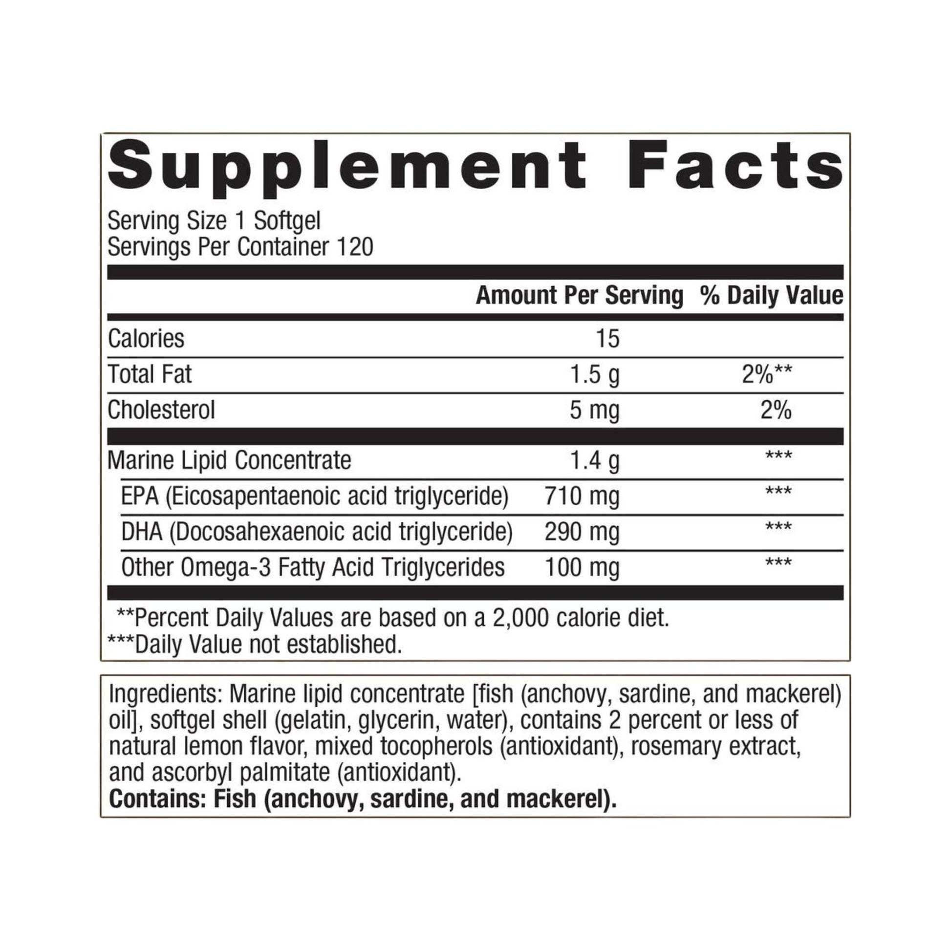Supplement facts panel of OmegaGenics EPA-DHA 1000 120 softgels