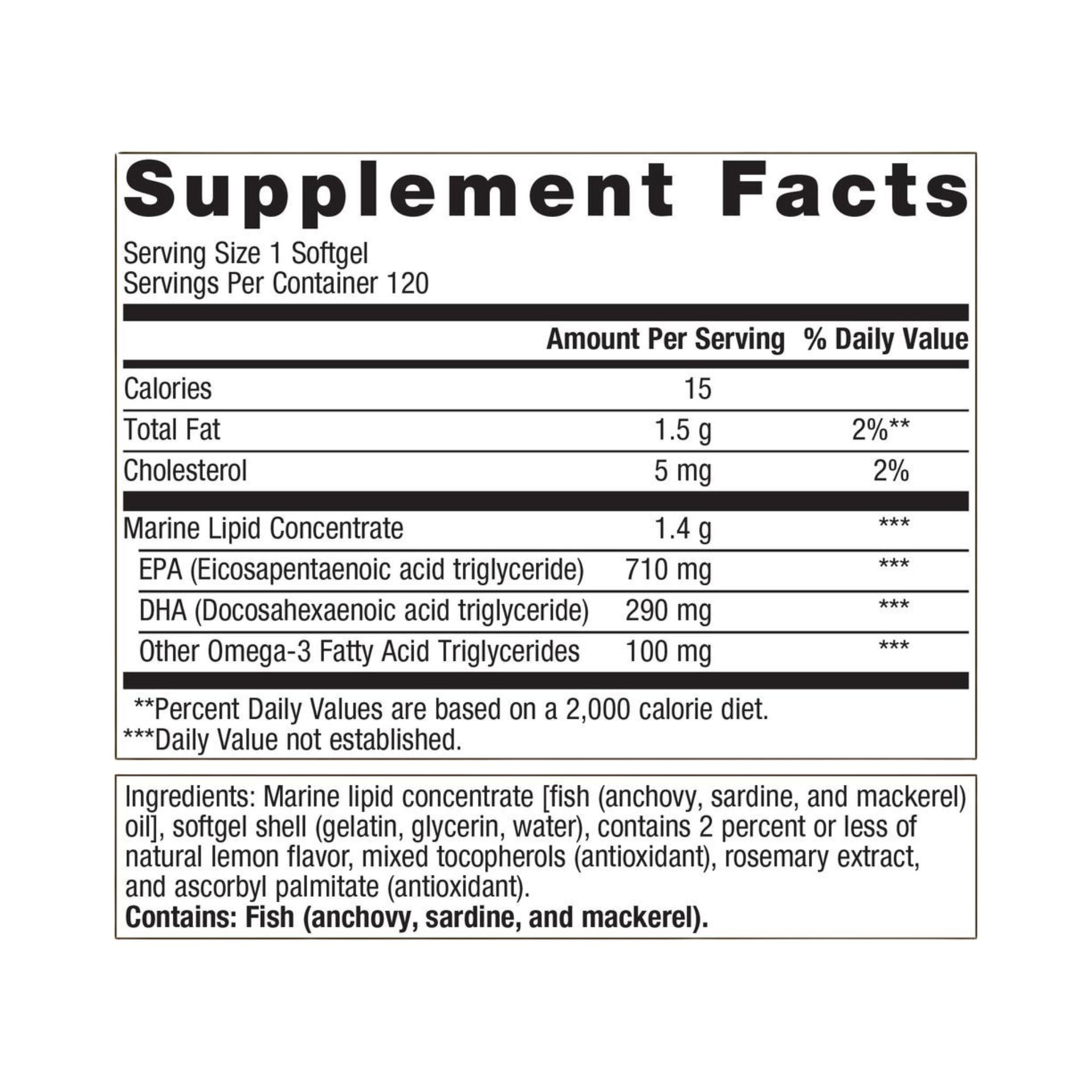 Supplement facts panel of OmegaGenics EPA-DHA 1000 120 softgels