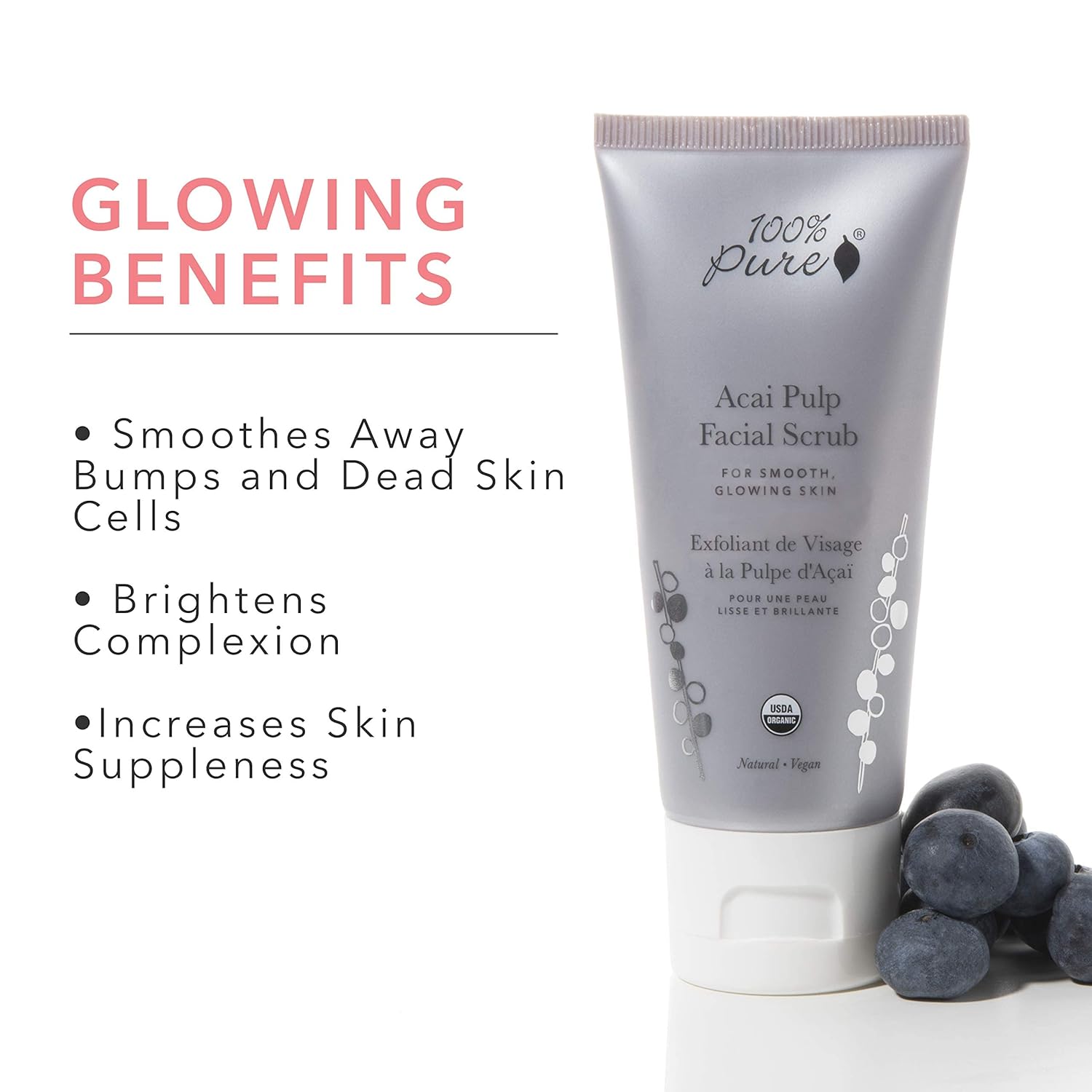 Tube of 100% Pure Acai Pulp Facial Scrub with benefits listed on a white background