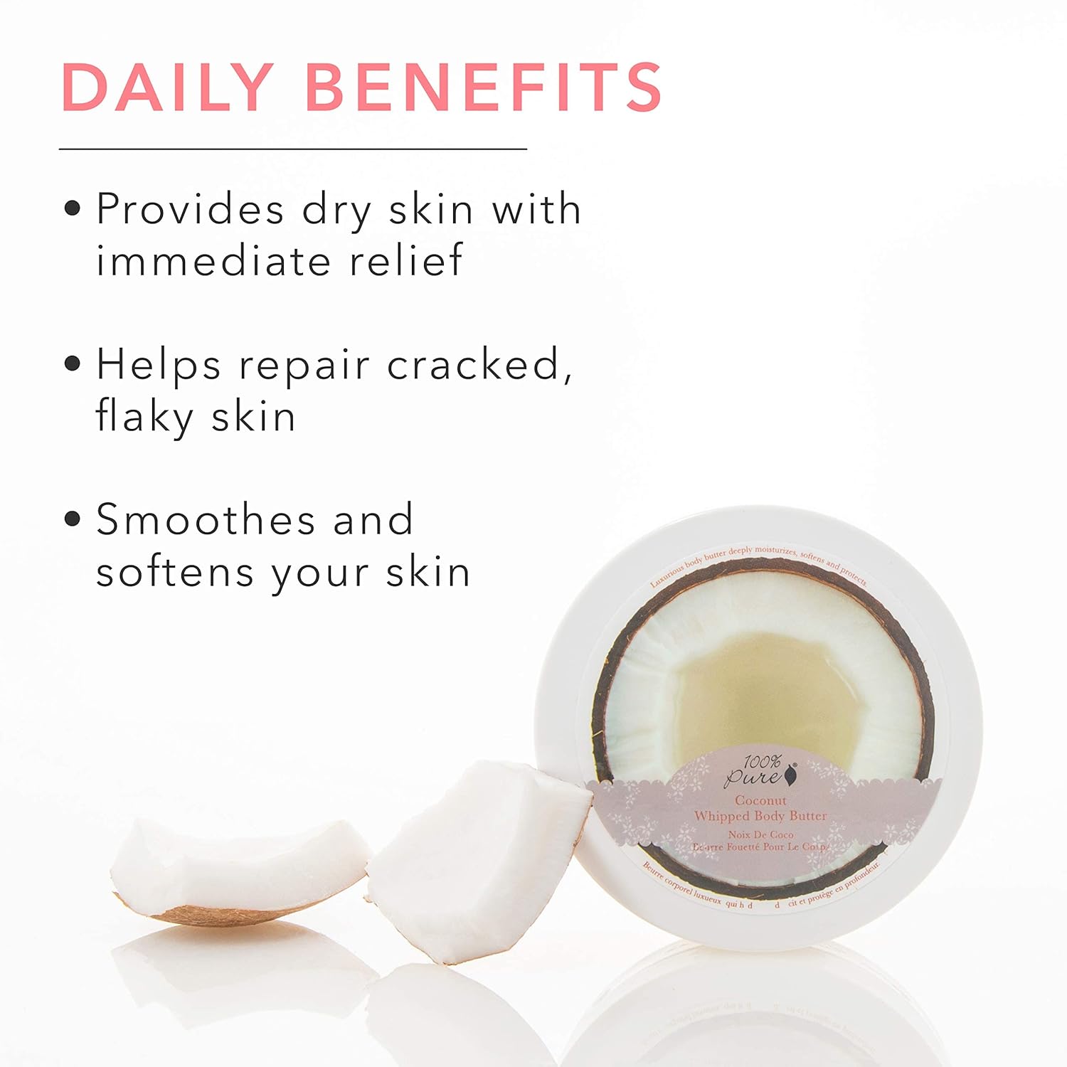 Coconut butter with benefits listed on a white background