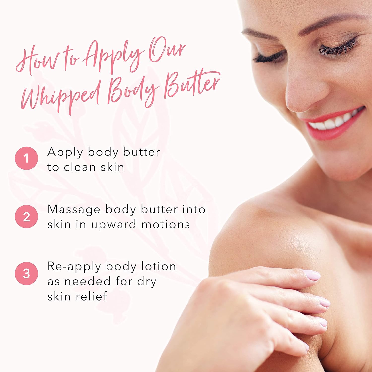 Woman applying whipped body butter with instructions on a white background