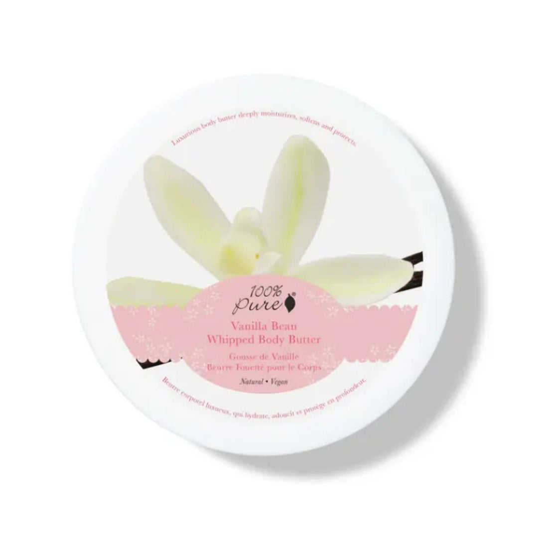 100% Pure Vanilla Bean Whipped Body Butter with butterfly design on a white background
