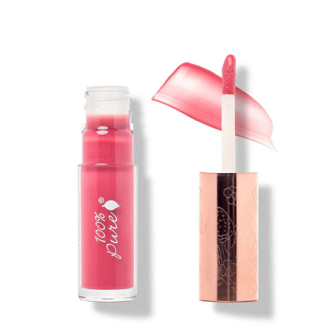 Lip gloss with applicator and '100% Pure' branding on a white background