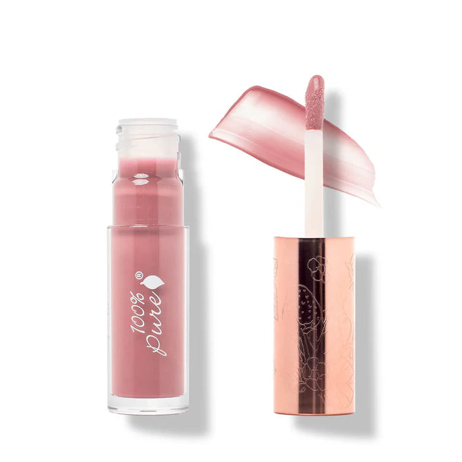 Lip gloss with applicator and '100% Pure' branding on a white background