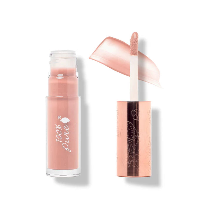 Lip gloss and applicator with '100% Pure' branding on a white background