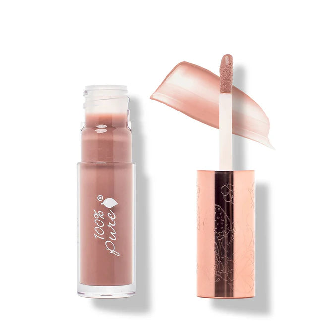 Lip gloss and applicator with '100% Pure' branding on a white background