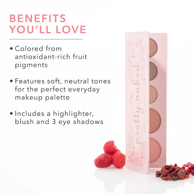 Makeup palette with berries and text highlighting benefits on a white background