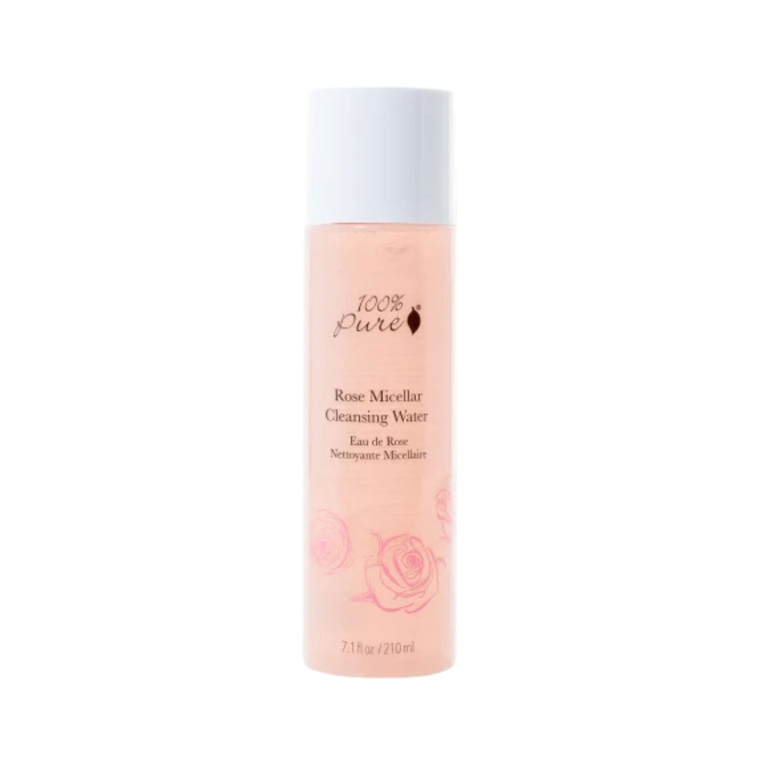 Bottle of 100% Pure Rose Micellar Cleansing Water on a white background