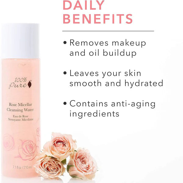 100% Pure Rose Micellar Cleansing Water bottle with roses and daily benefits text on a white background