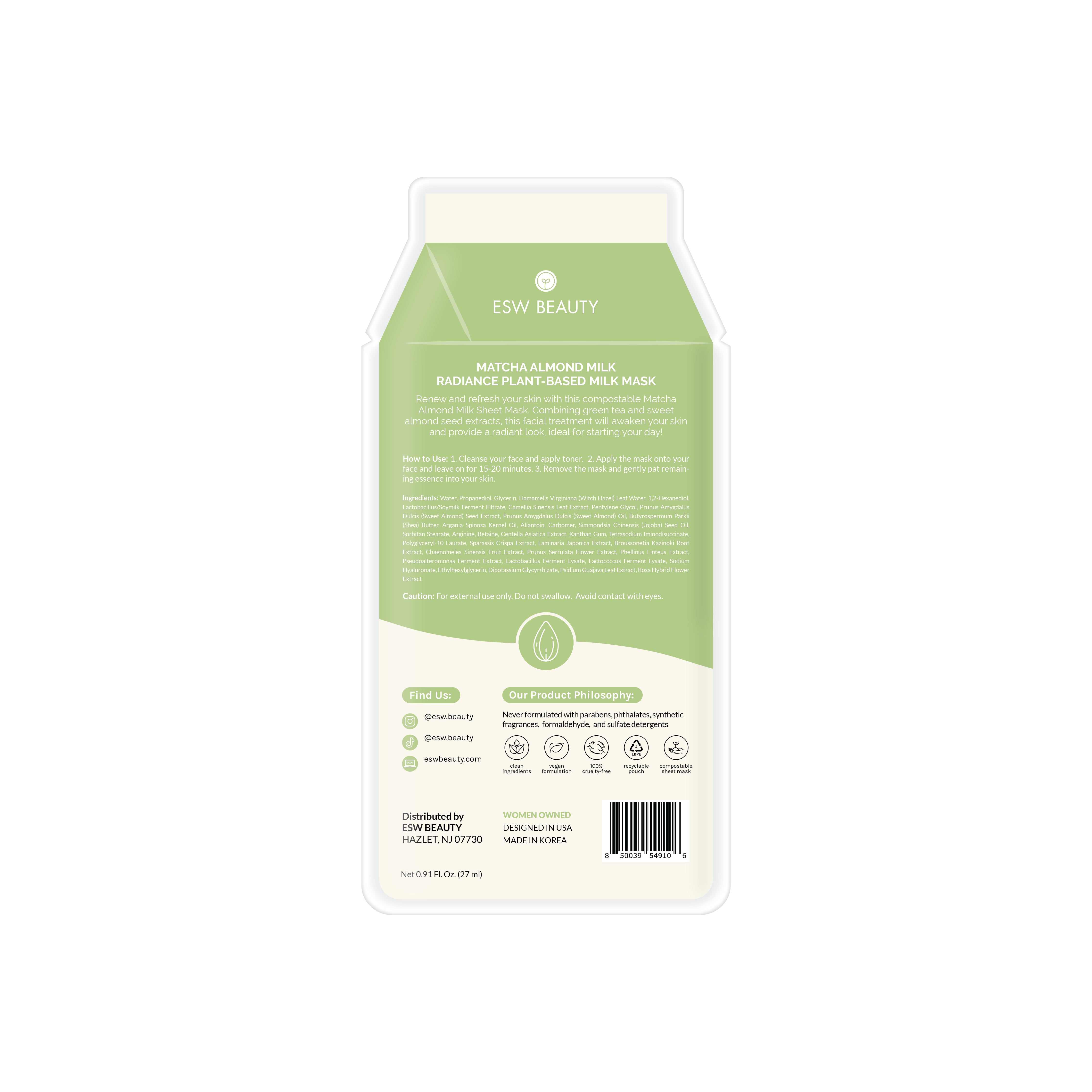 ESW Beauty Matcha Almond Milk Radiance Plant-Based Milk Sheet Mask