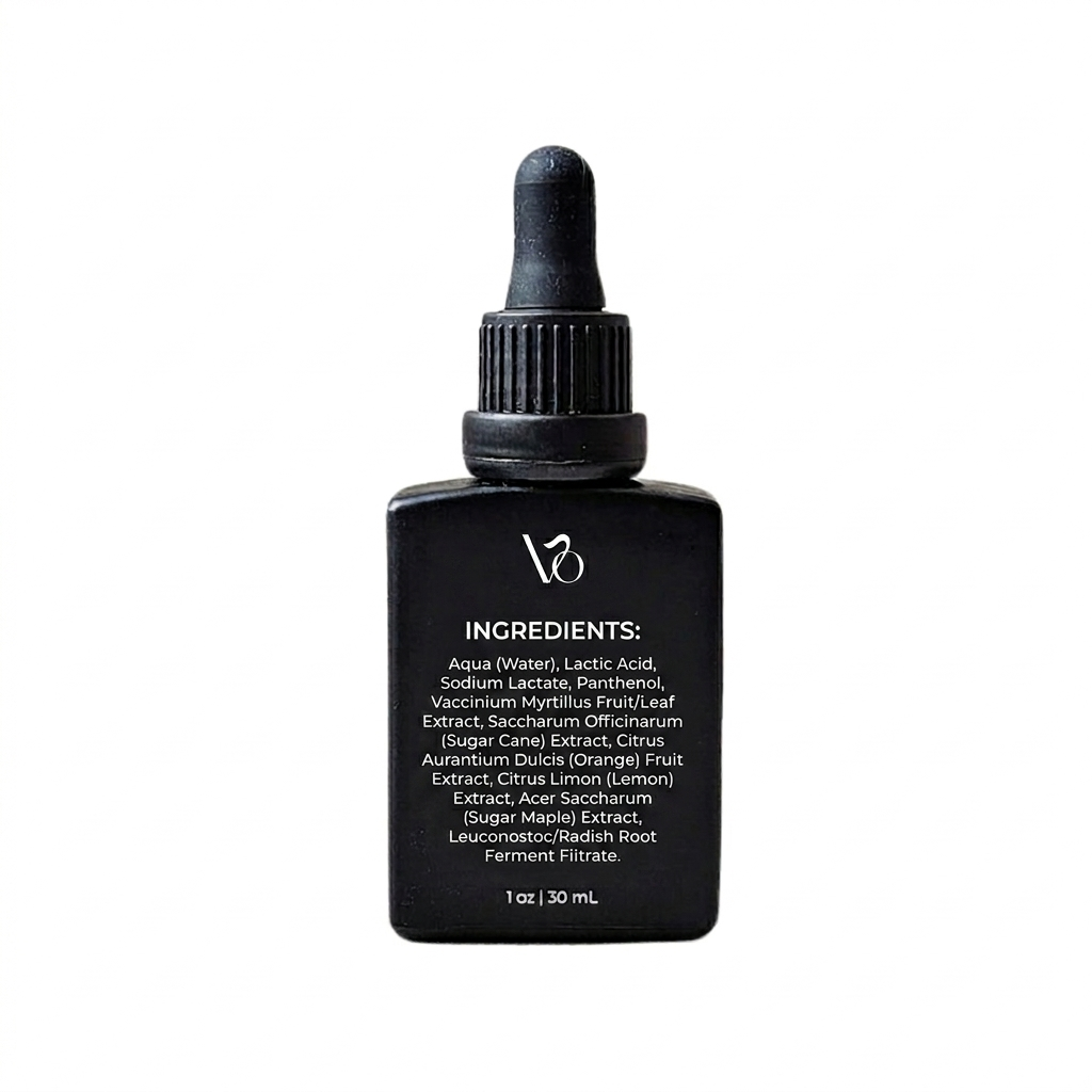 Black dropper bottle with ingredient list on a white background