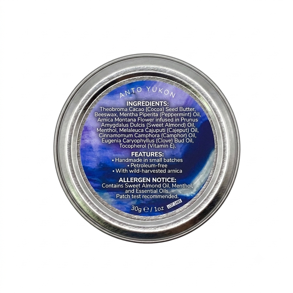 A round metal tin of Into Vukon Arnica Ice Muscle Rub, featuring a blue and purple marbled label on a clean white background.