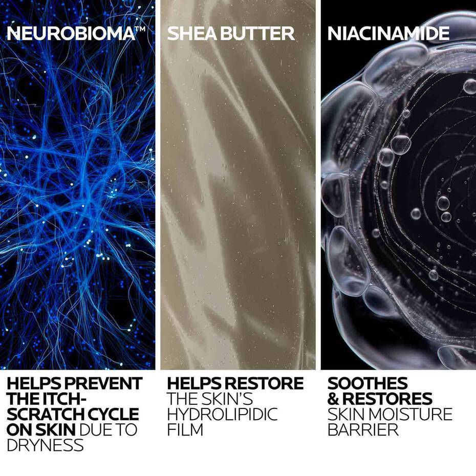 Three panels showcasing neurobioma, shea butter, and niacinamide with their respective benefits.
