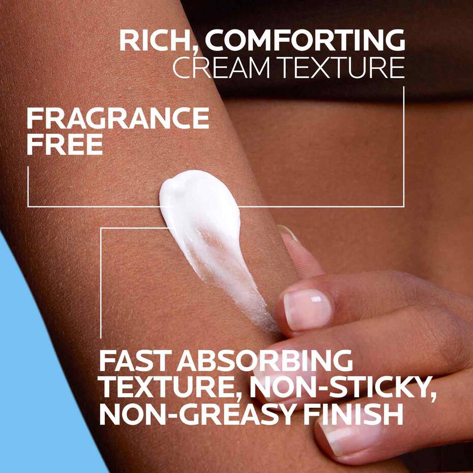 Hand applying cream to arm with text highlighting product features