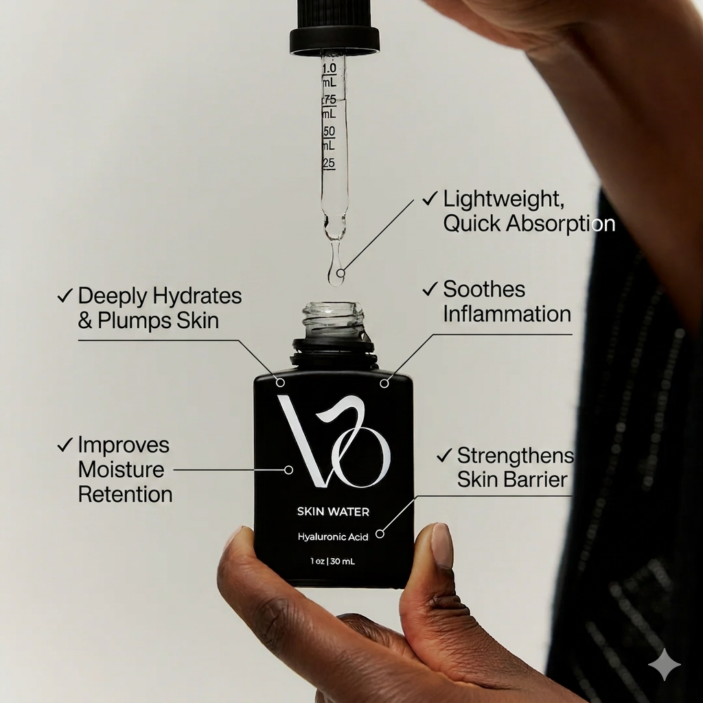 VO Beauty Skin Water 2% Hyaluronic Acid Serum bottle – 1 oz | 30 mL hydrating serum with hyaluronic acid available at The Pharmacy Lab.