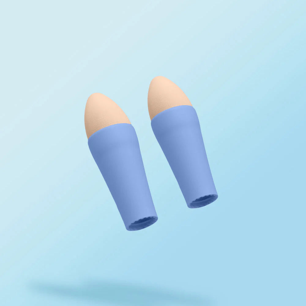 Two makeup sponge applicators with beige nubs and light blue handles, shown side-by-side on a plain white background.