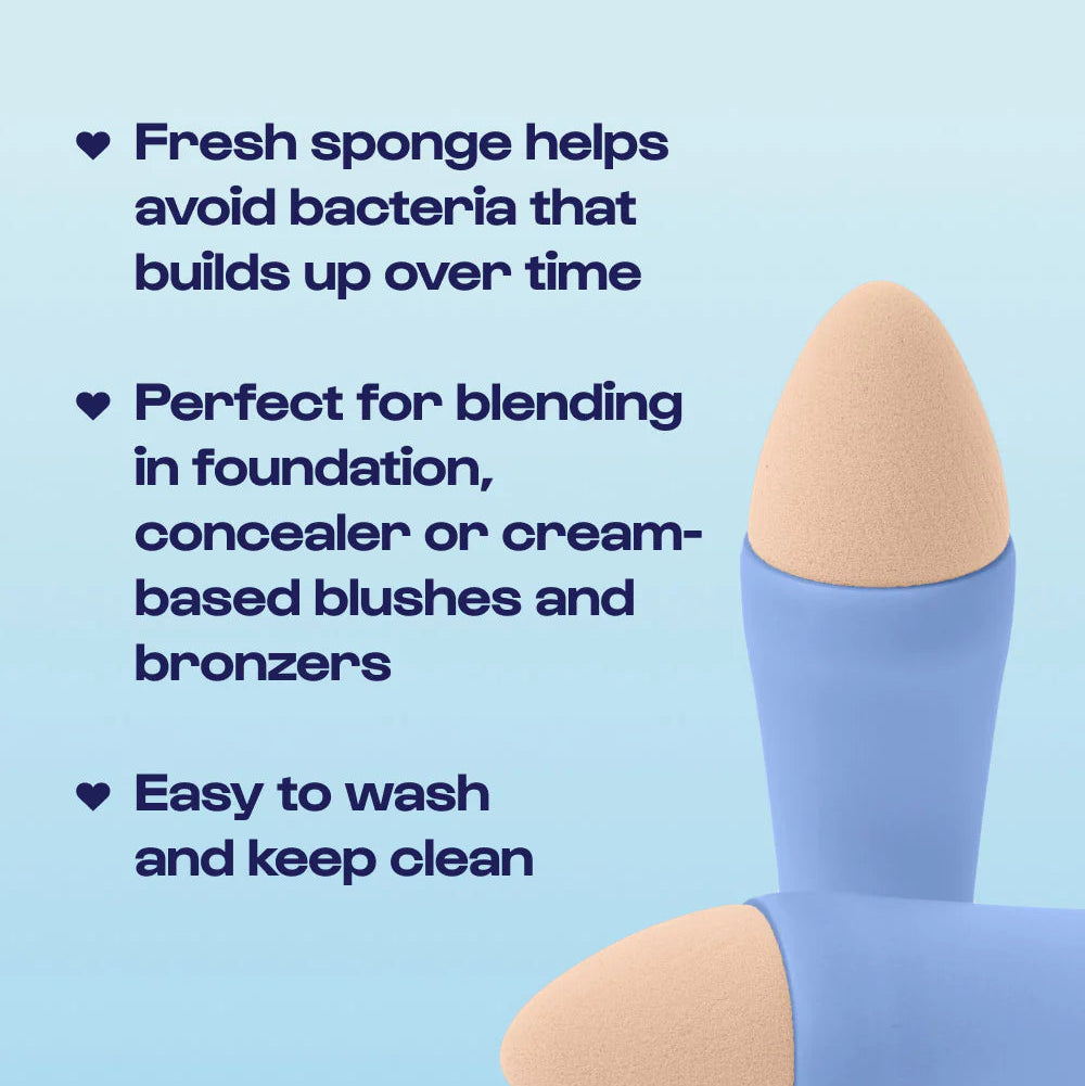 Makeup sponge with text on a light blue background