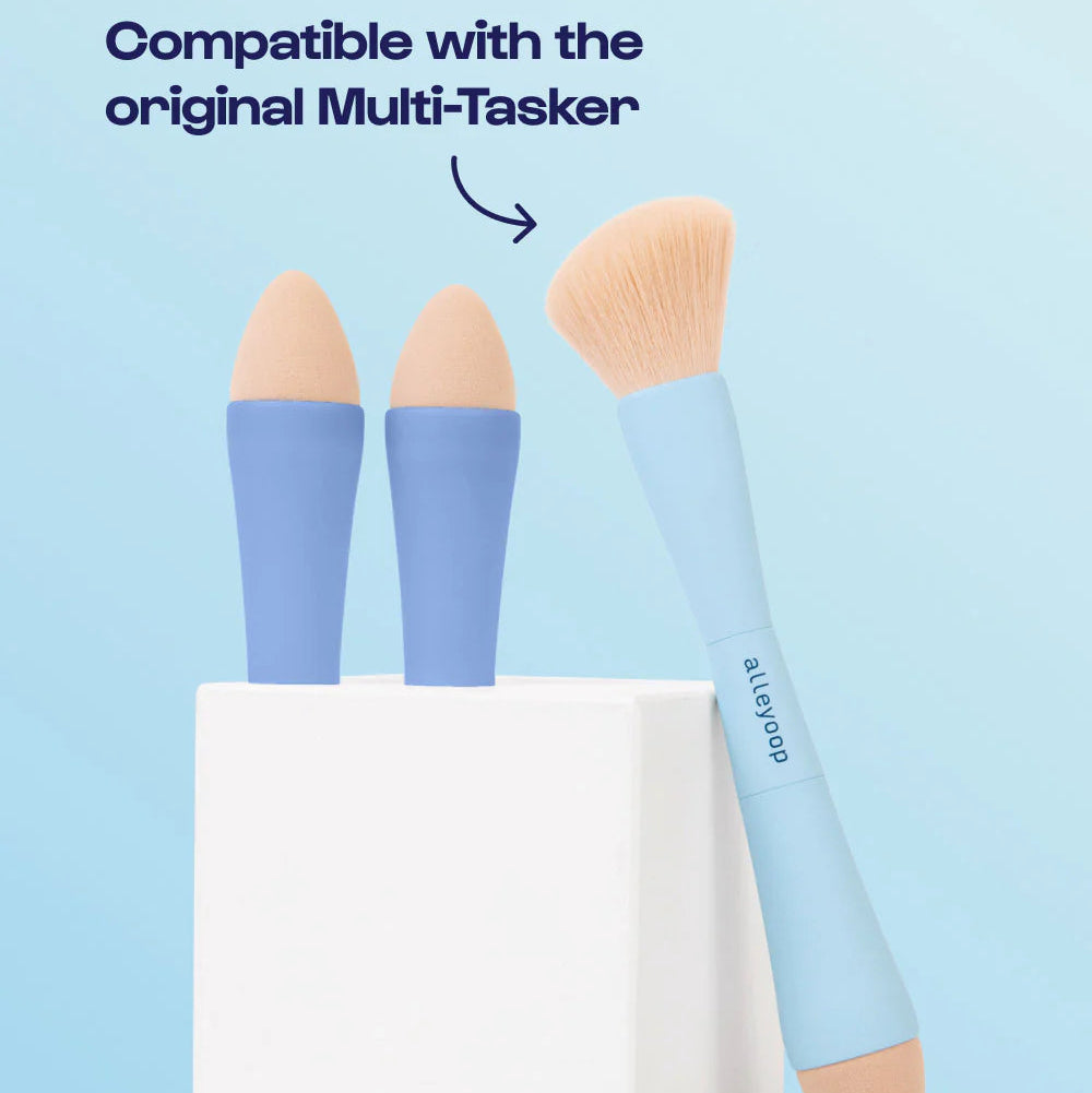 Three cosmetic applicators with blue handles and beige tips on a light blue background, with text indicating compatibility with the original Multi-Tasker.