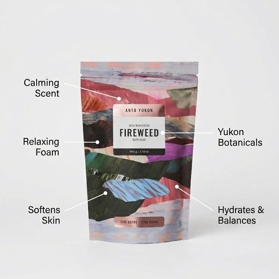 Fireweed bath soap packaging with text highlighting its benefits on a white background