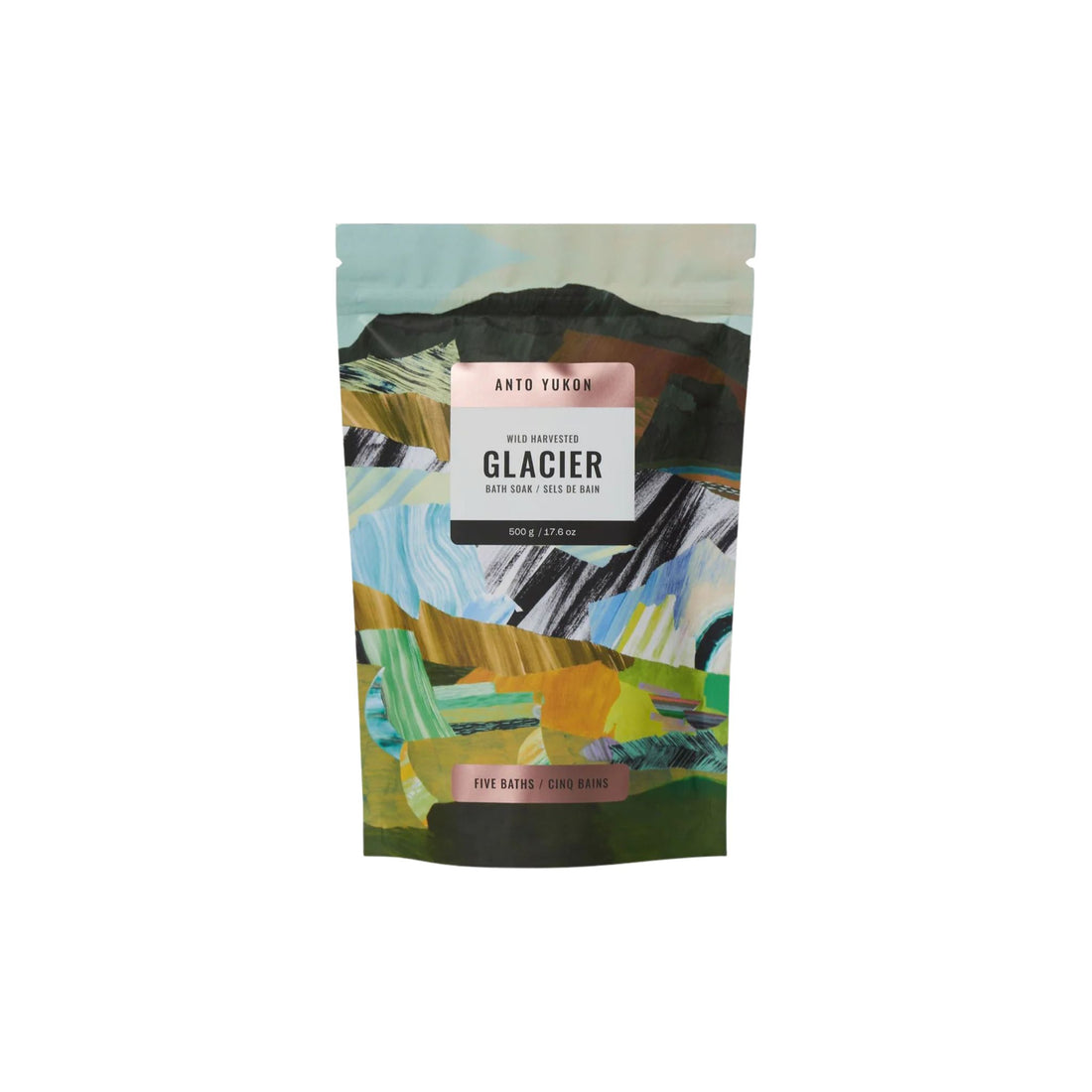Anto Tokara Glacier Five Ranges Cold Brew coffee in a resealable stand-up pouch with an abstract landscape illustration in shades of blue, green, yellow, black, and white.