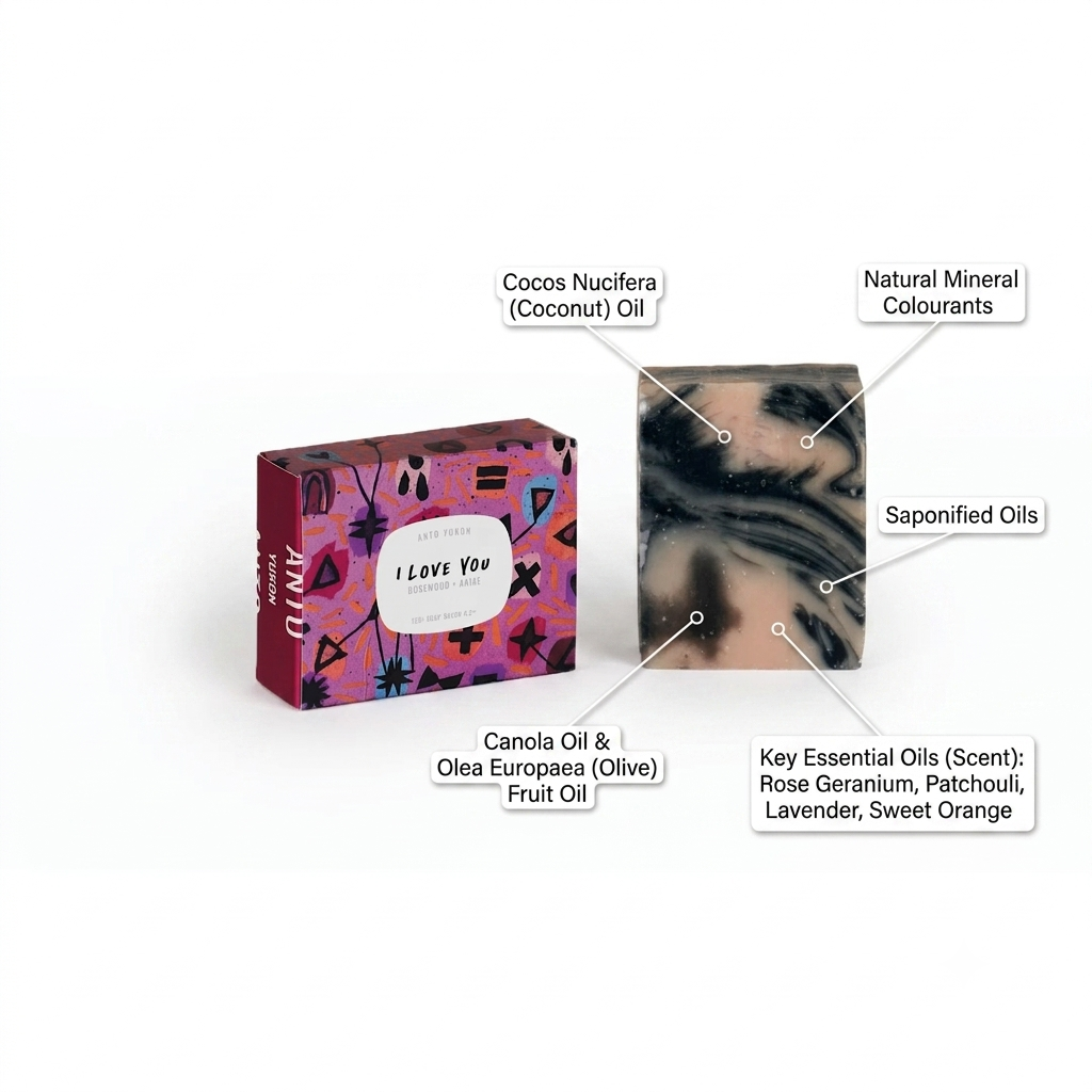 A boxed handmade soap product labeled 'I Love You' stands beside a rectangular soap bar with handwritten callouts pointing to ingredients such as coconut oil, mineral colourants, saponified oils, canola oil, olive fruit oil, and key essential oils. This is not a plain product-only studio shot because explanatory labels are overlaid to explain the item, so the best fit is Instruction Diagram rather than Product/Packaging.