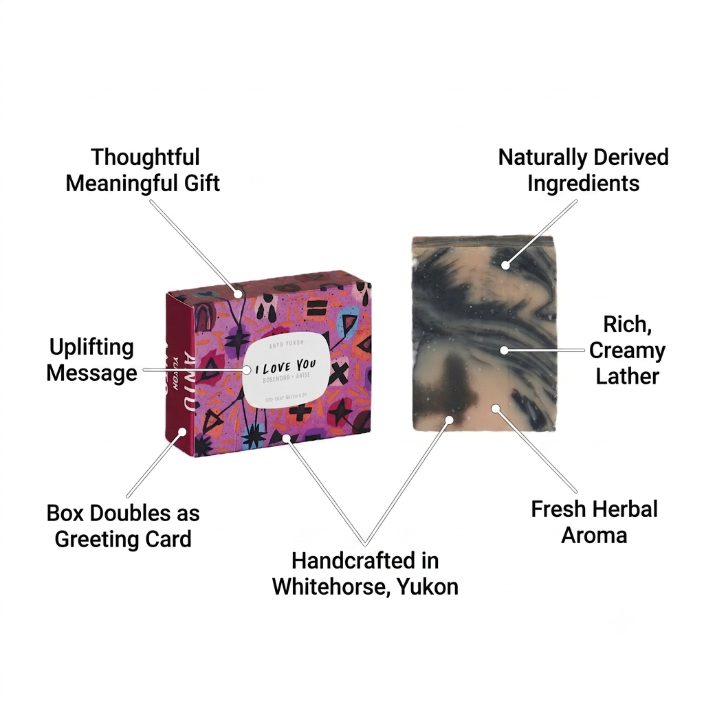 A handcrafted Yukon soap bar shown next to its colorful gift box with text callouts describing the product and packaging features.