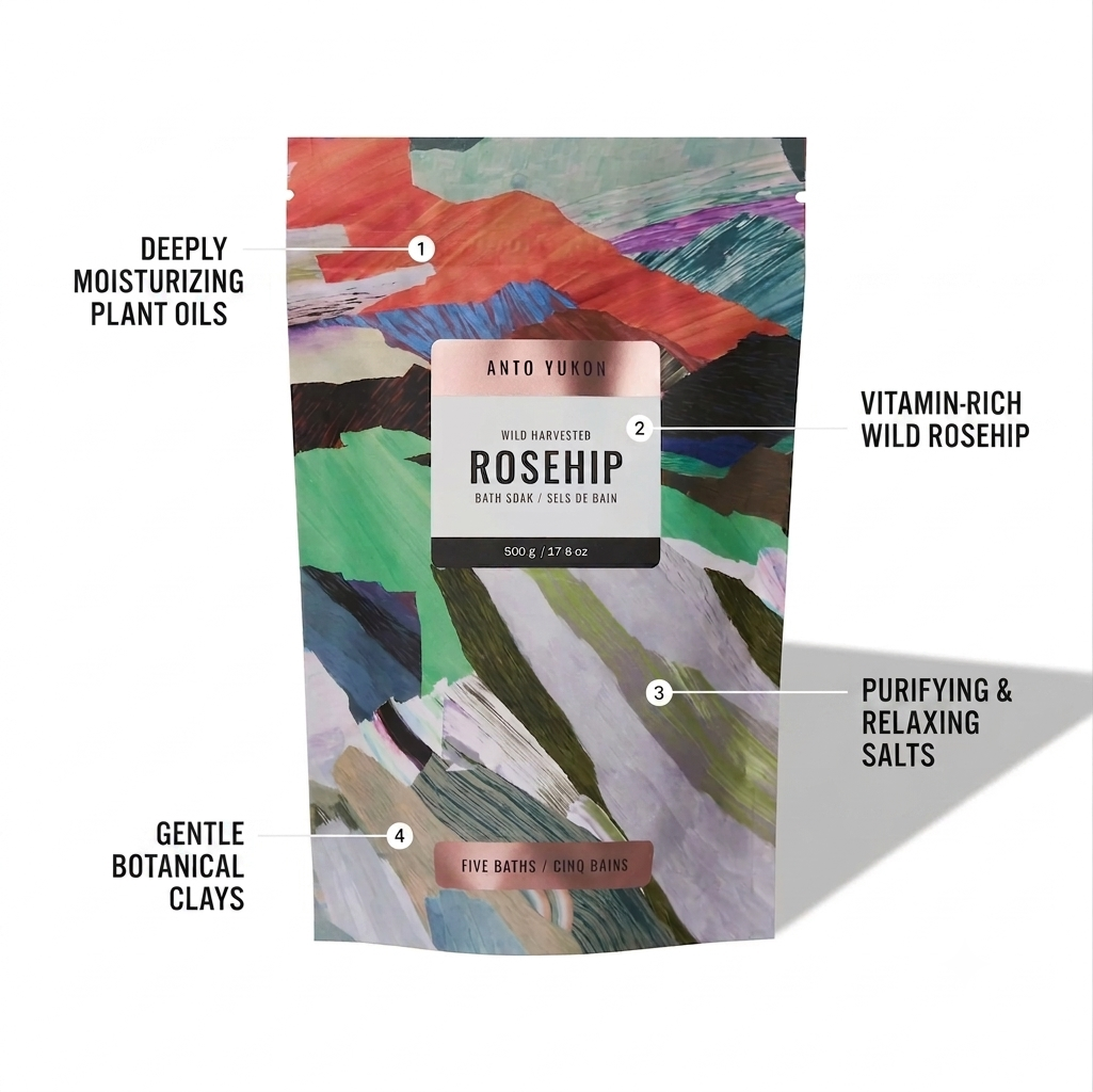 A stand-up pouch of Anto Yukon Wild Harvested Rosehip Bath Bombs is shown on a white background with four callout lines and labels pointing to product features. The packaging has an abstract painted pattern in many colors, with a central label reading 'ANTO YUKON ROSEHIP BATH BOMBS' and 'FIVE BATHS - 420 BARS'.
