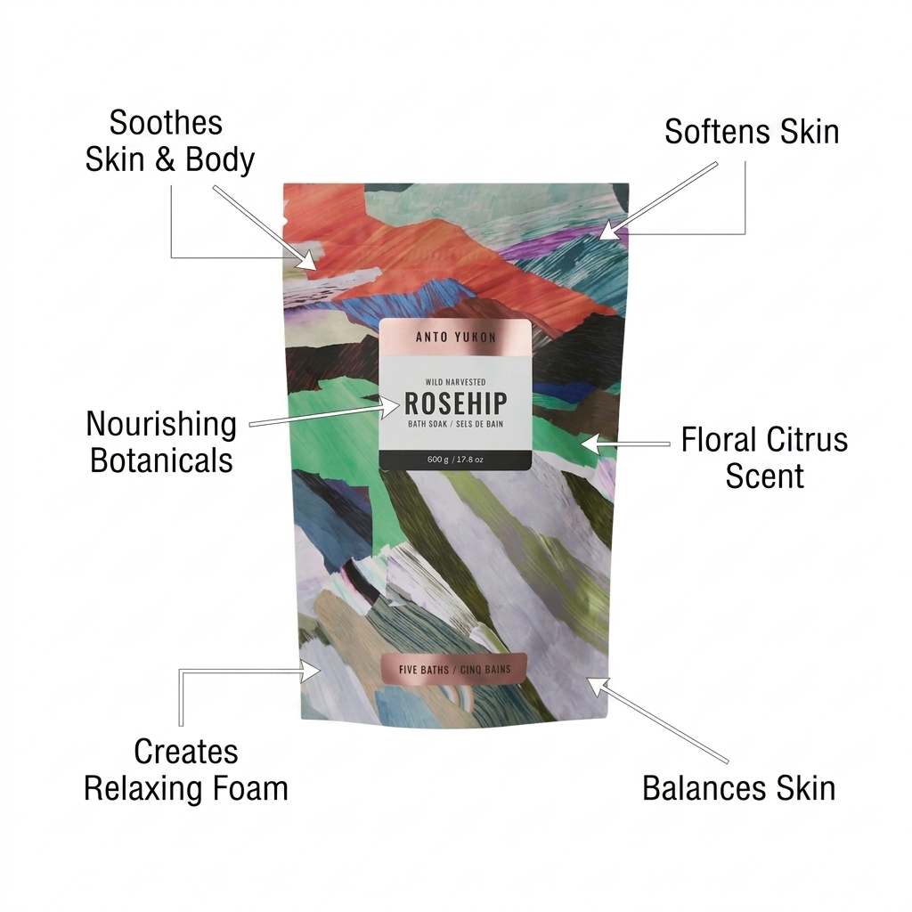 Product packaging with text highlighting its benefits on a white background