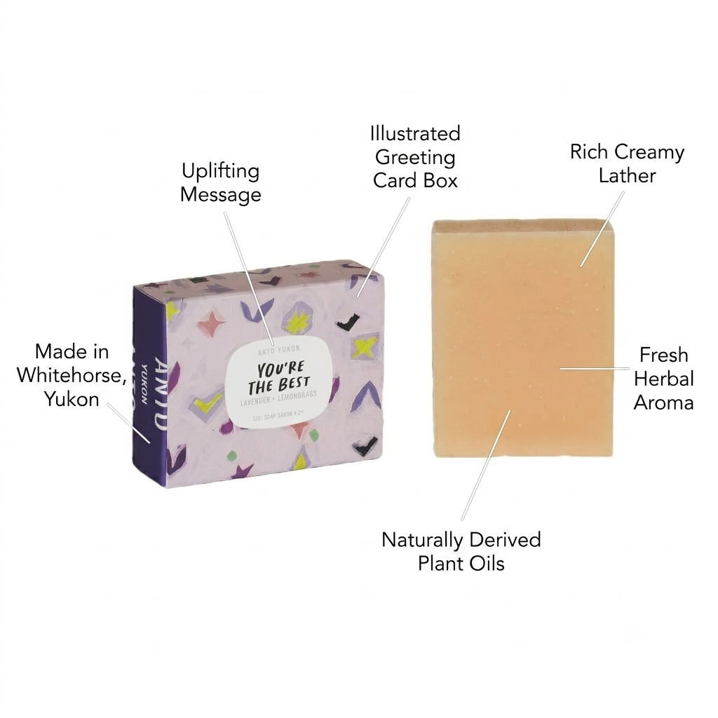 A boxed soap product and a rectangular soap bar on a white background with callout labels. The box is light lavender with multicolored abstract shapes and a white label reading 'You're The Best'; the soap bar is a warm creamy beige.