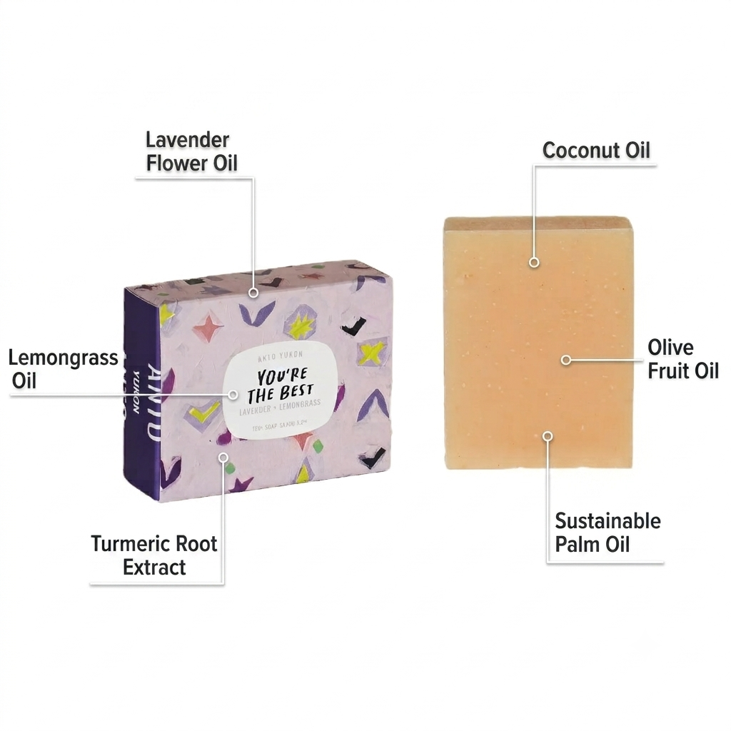 A boxed and bar soap product on a plain white background with callout labels identifying ingredients: lavender flower oil, lemongrass oil, turmeric root extract, coconut oil, olive fruit oil, and sustainable palm oil. The box reads 'You're The Best' and shows a pastel multicolor pattern.