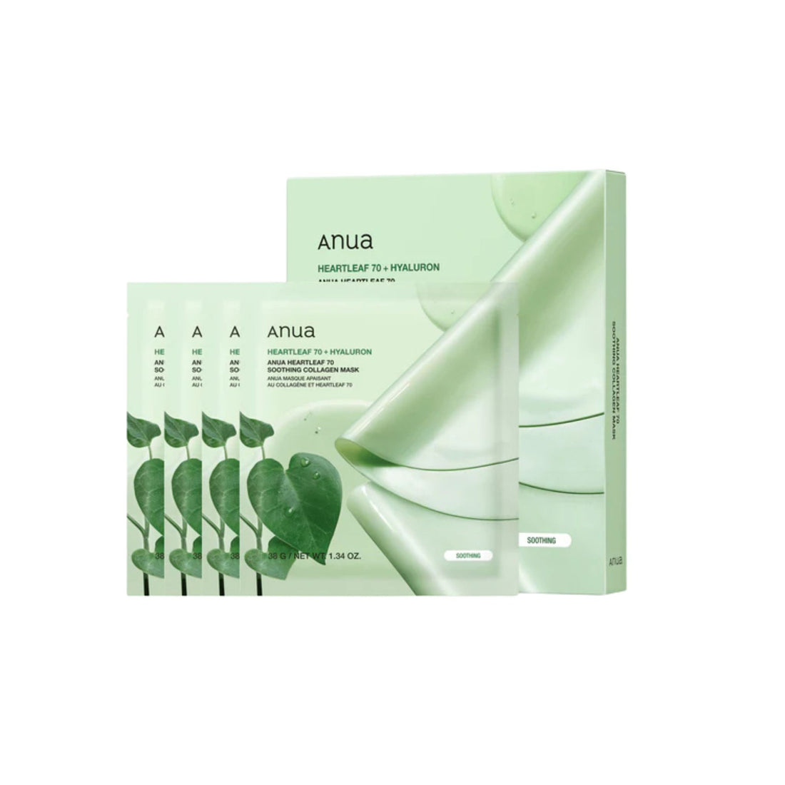 Anua product packaging with green leaves on a white background