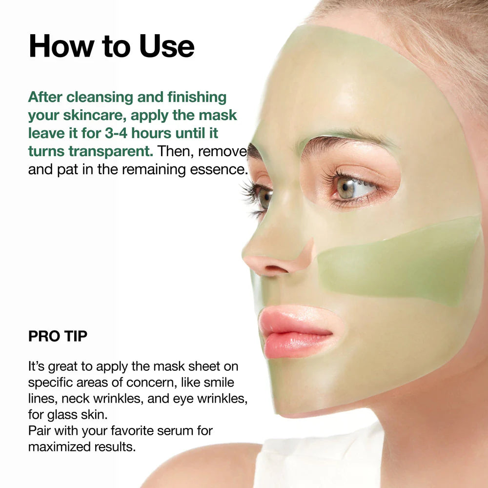 Woman wearing a green facial mask with usage instructions on a white background