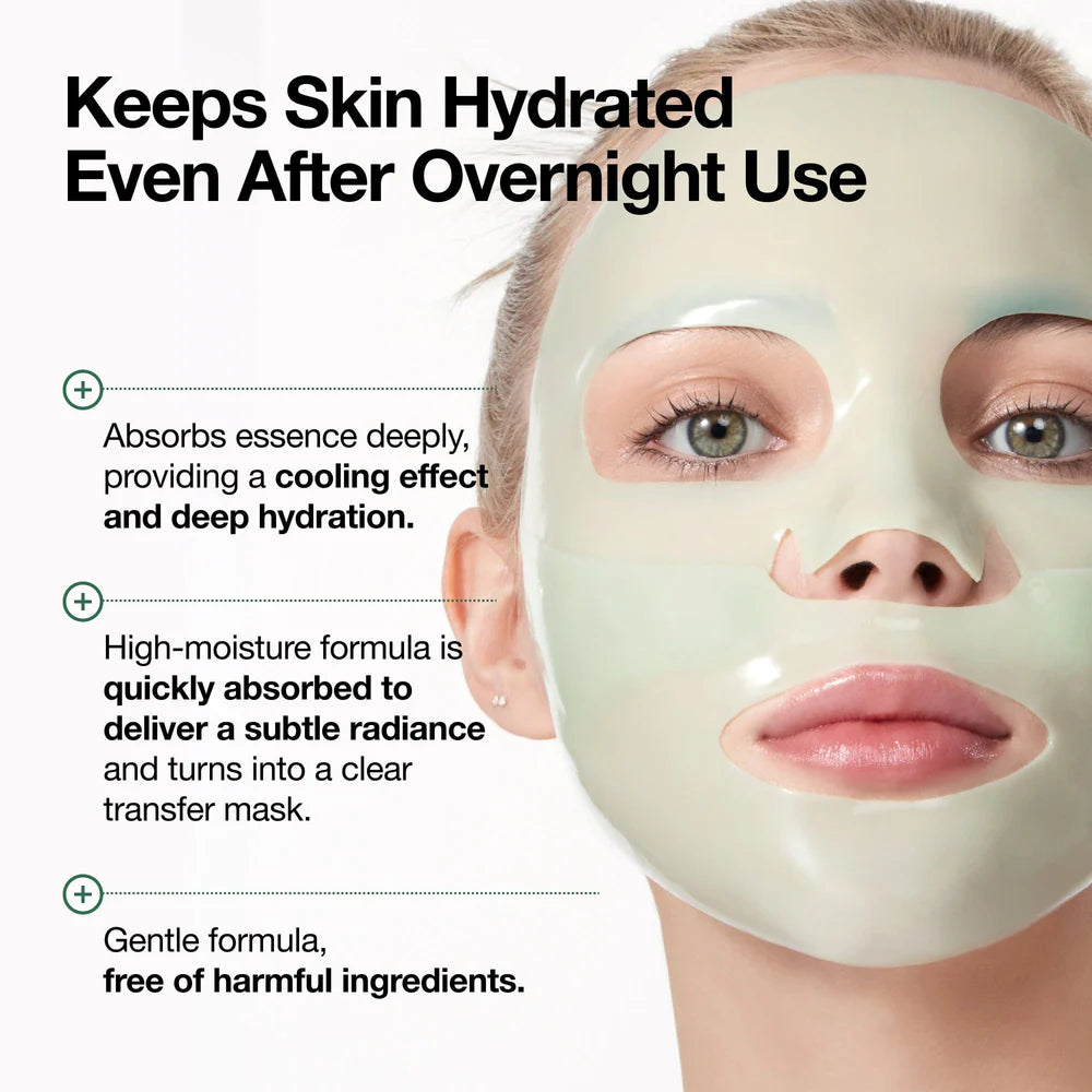 Woman wearing a clear face mask with text highlighting its benefits