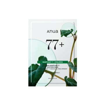 Anua 77+ Heartleaf sheet mask packaging with green leaves on a white background