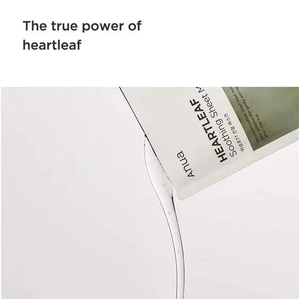 Anua Heartleaf sheet mask on a white background with text 'The true power of heartleaf'.