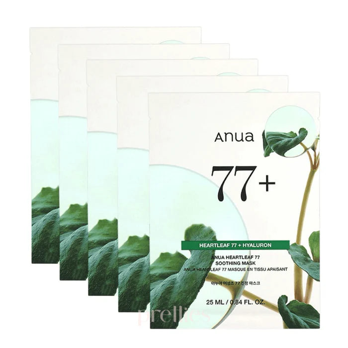 Anua 77+ heartleaf hyaluron soothing mask packaging with green leaves on a white background