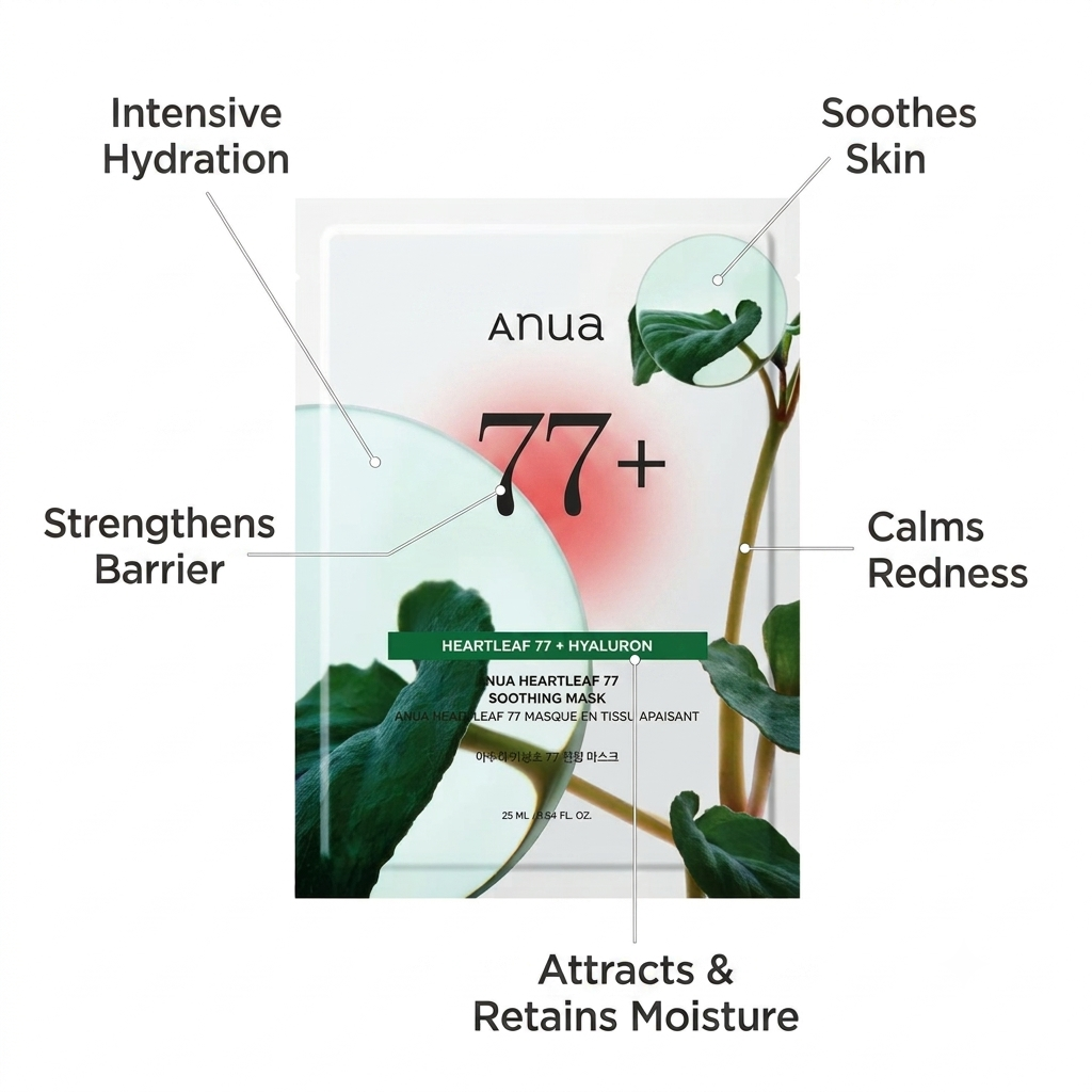 Anua 77+ soothing mask packaging shown with callout labels highlighting key benefits: intensive hydration, soothing skin, strengthening barrier, calming redness, and attracting/retaining moisture.