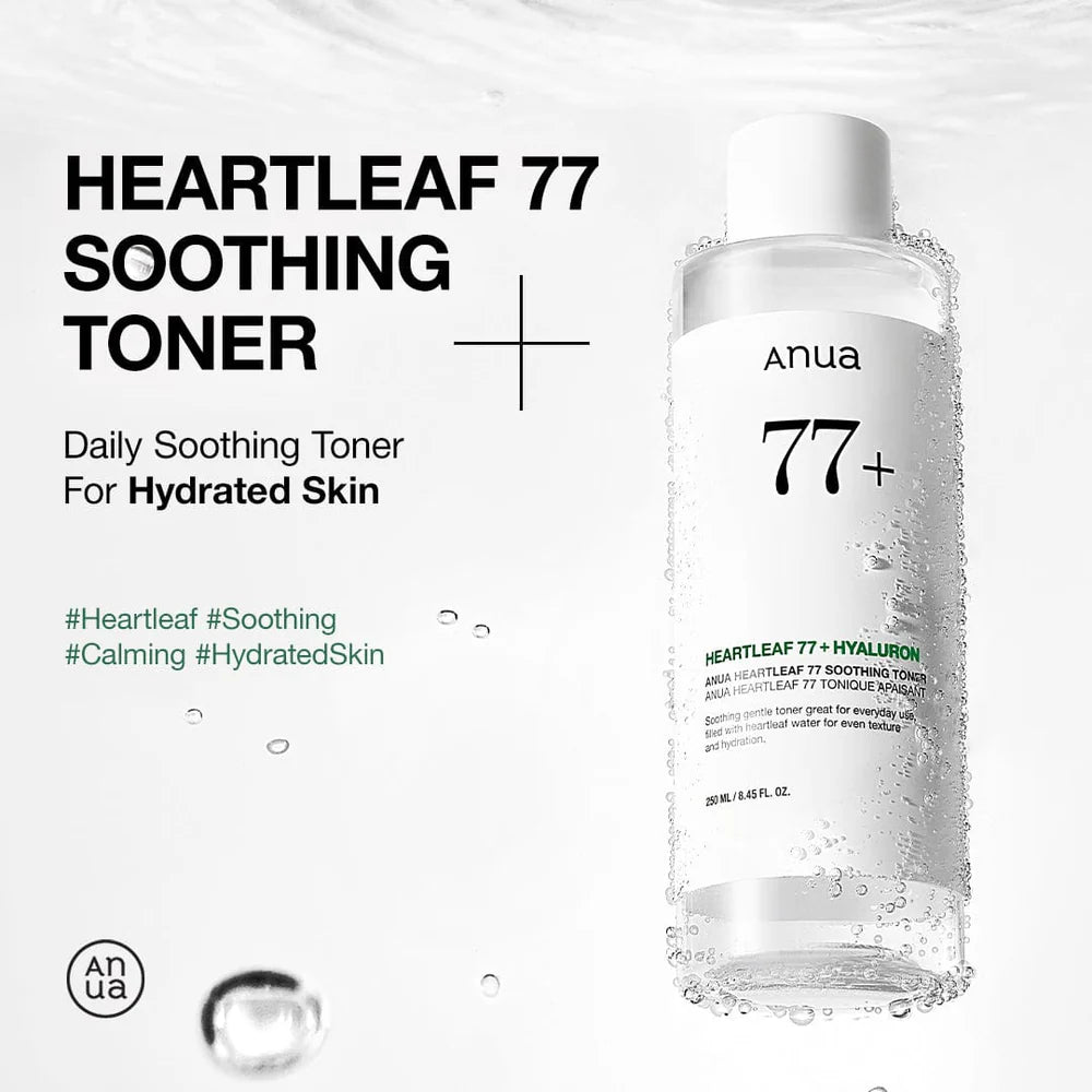 Anua Heartleaf 77+ Soothing Toner bottle with text on a white background