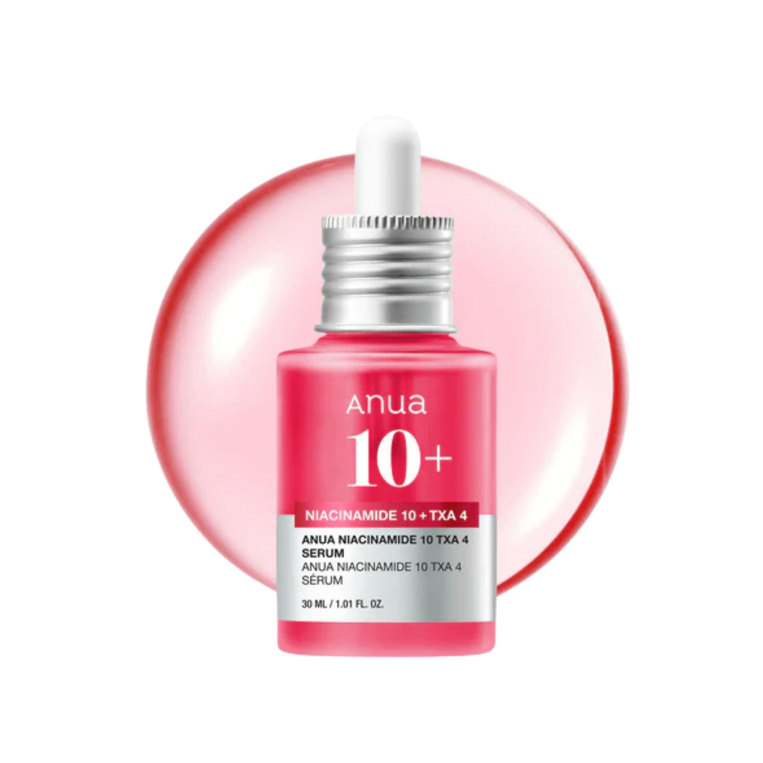 Anua 10+ serum bottle with dropper on a white background