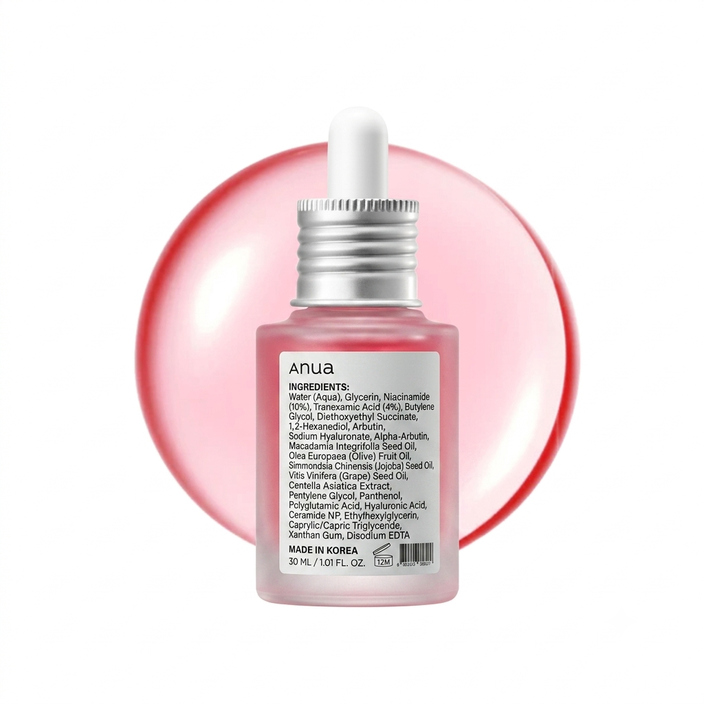 Anua 10+ serum bottle with dropper on a white background