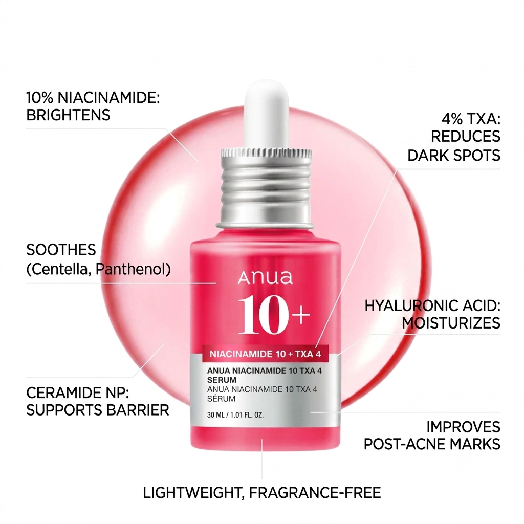 Anua 10+ Acne Serum bottle shown on a pink circular background with callout text explaining key ingredients and benefits.